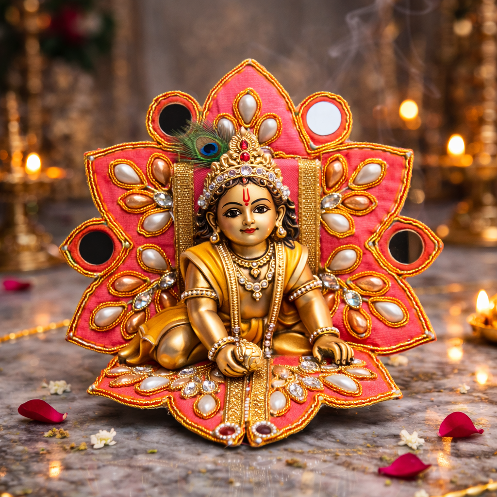 Coral Pink Pearl Mirror Laddu Gopal Poshak – Size 0