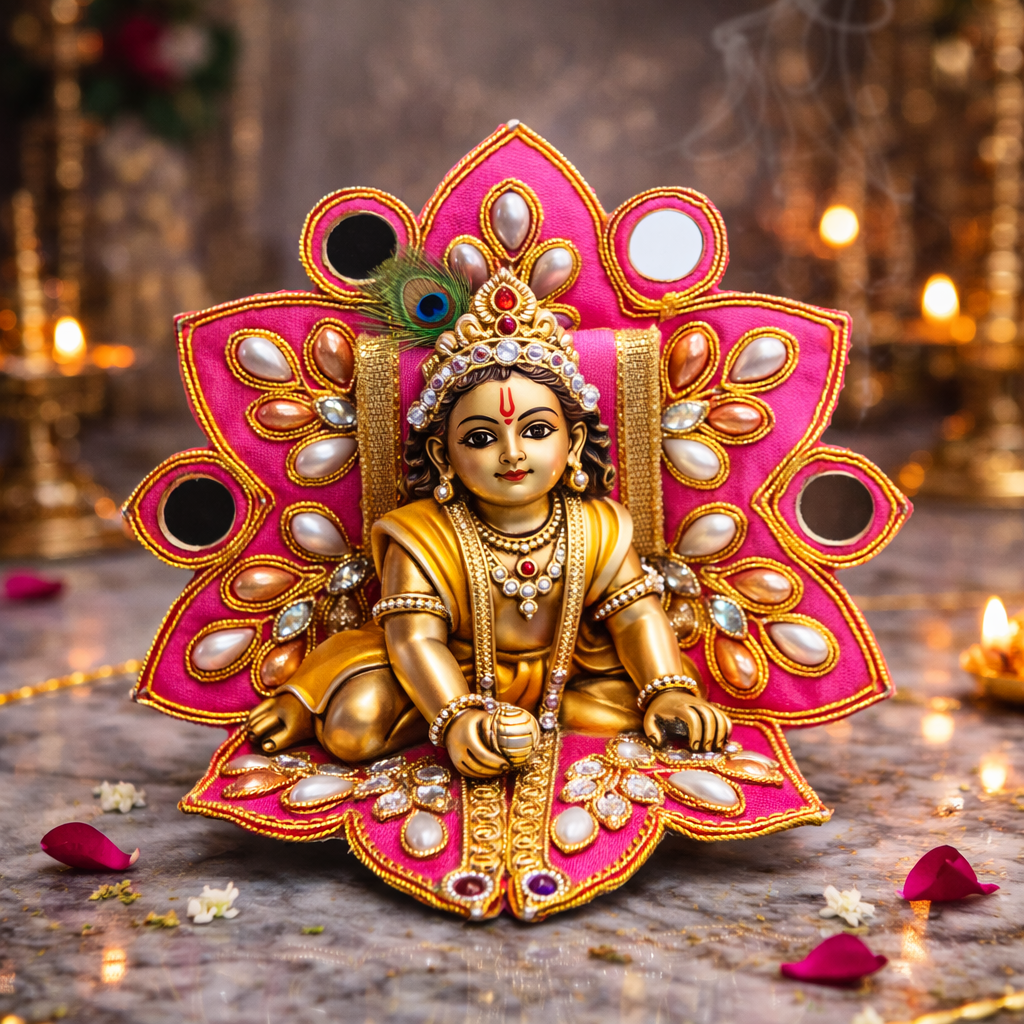 Coral Pink Pearl Mirror Laddu Gopal Poshak – Size 0