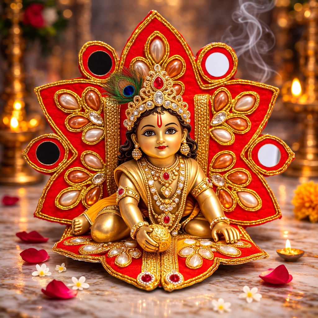 Coral Pink Pearl Mirror Laddu Gopal Poshak – Size 0
