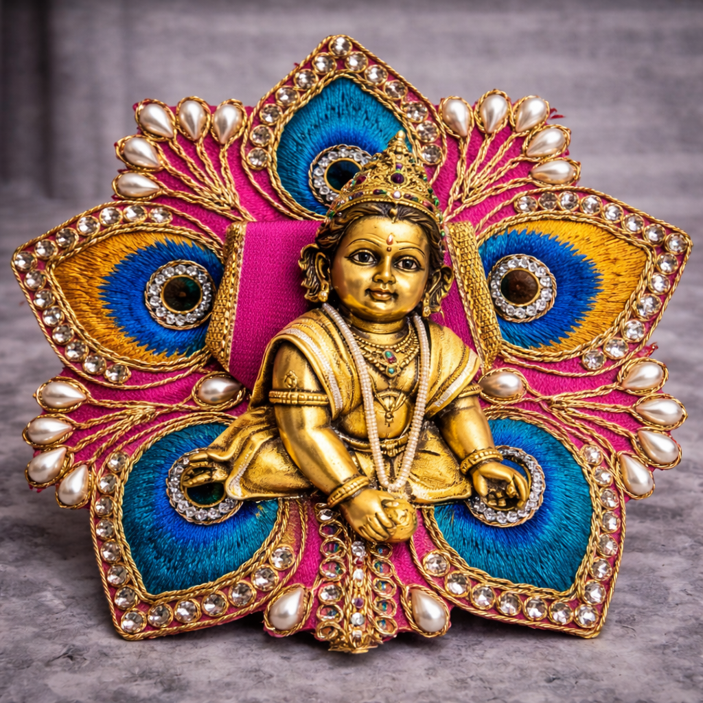 Green Peacock Feather Crystal Laddu Gopal Poshak – Size 0