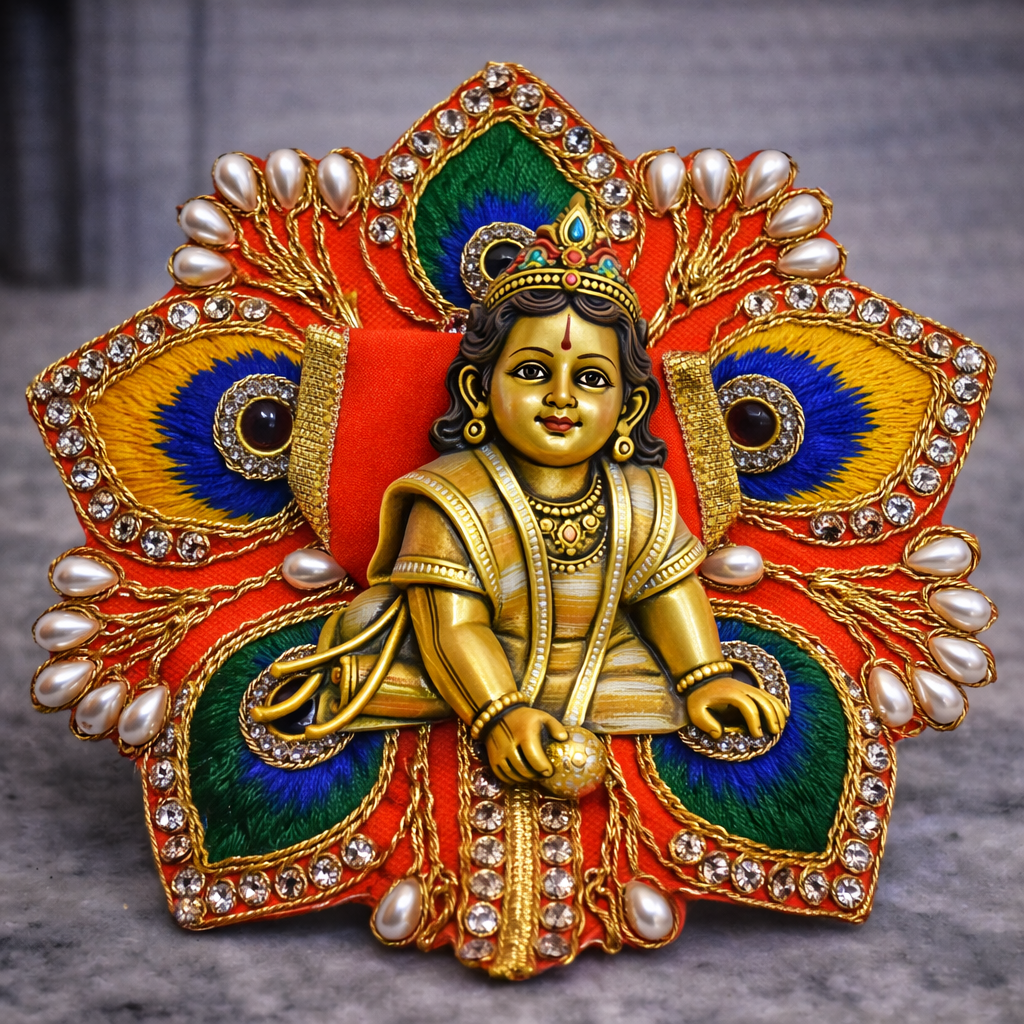 Green Peacock Feather Crystal Laddu Gopal Poshak – Size 0