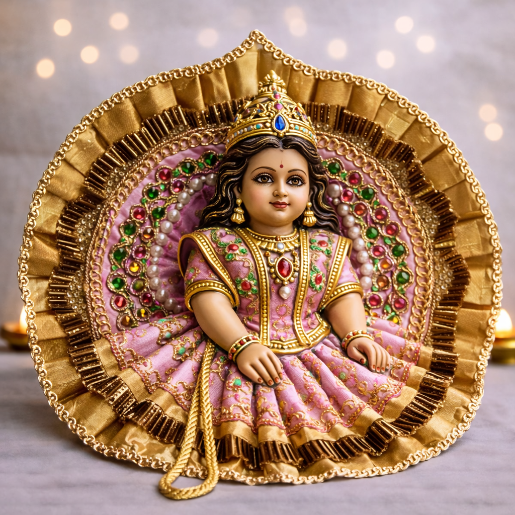 Pink Brocade Kundan Pearl Laddu Gopal Poshak – Size 1