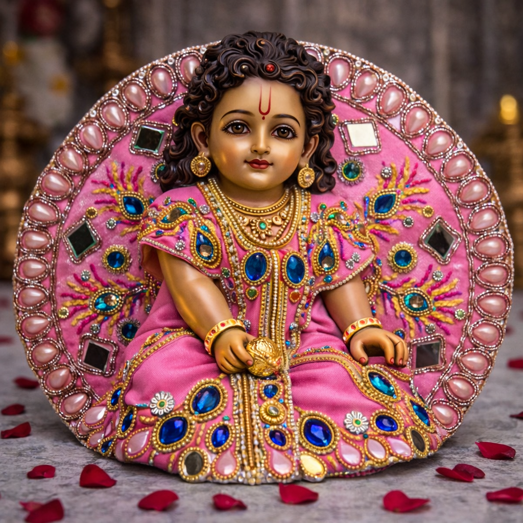 Magenta Blue Mirror Crystal Laddu Gopal Poshak – Size 2