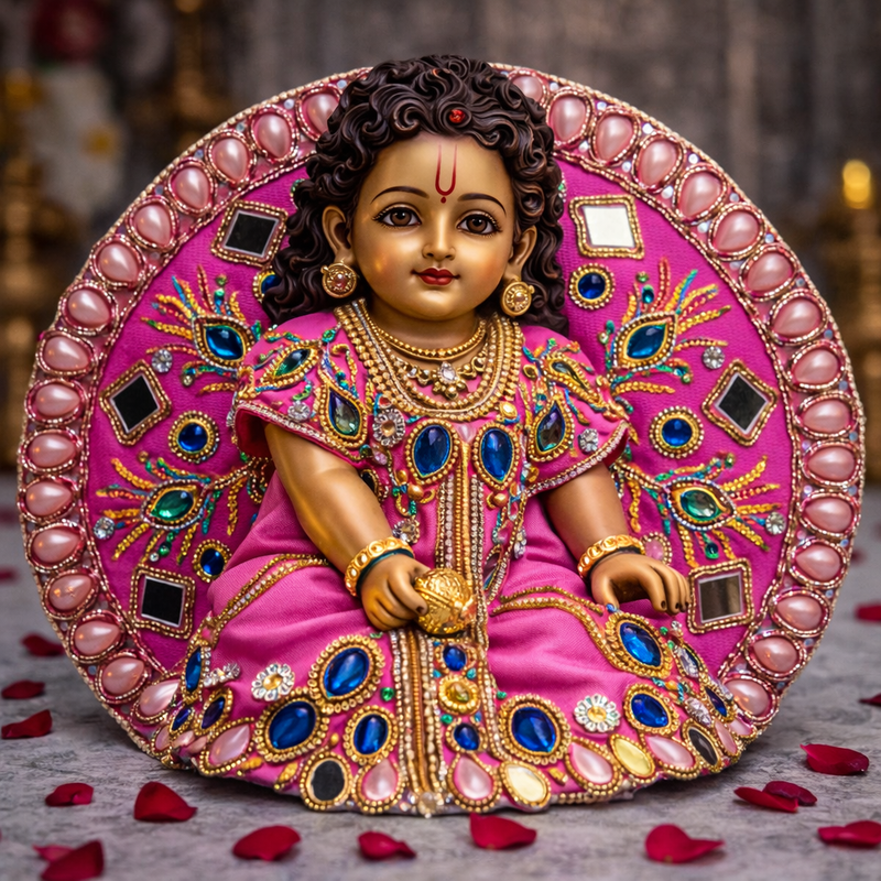Magenta Blue Mirror Crystal Laddu Gopal Poshak – Size 2