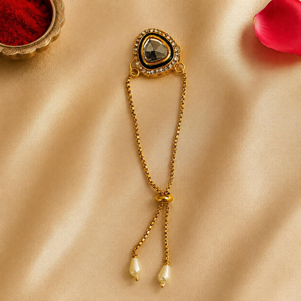 Kundan Topaz Rakhi with Pearl Drop Lumba for Brother – view 4