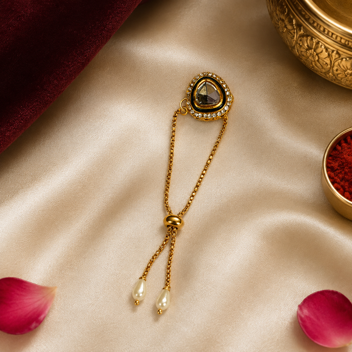 Kundan Topaz Rakhi with Pearl Drop Lumba for Brother