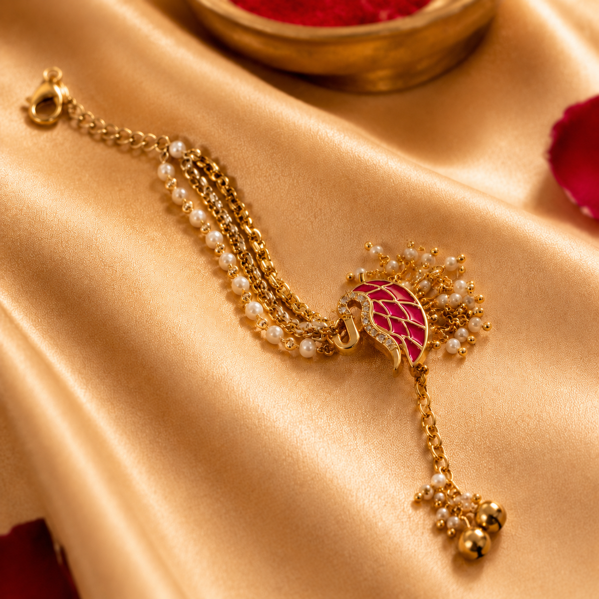 Peacock Kundan Bracelet Rakhi with Pearl Accents for Brother
