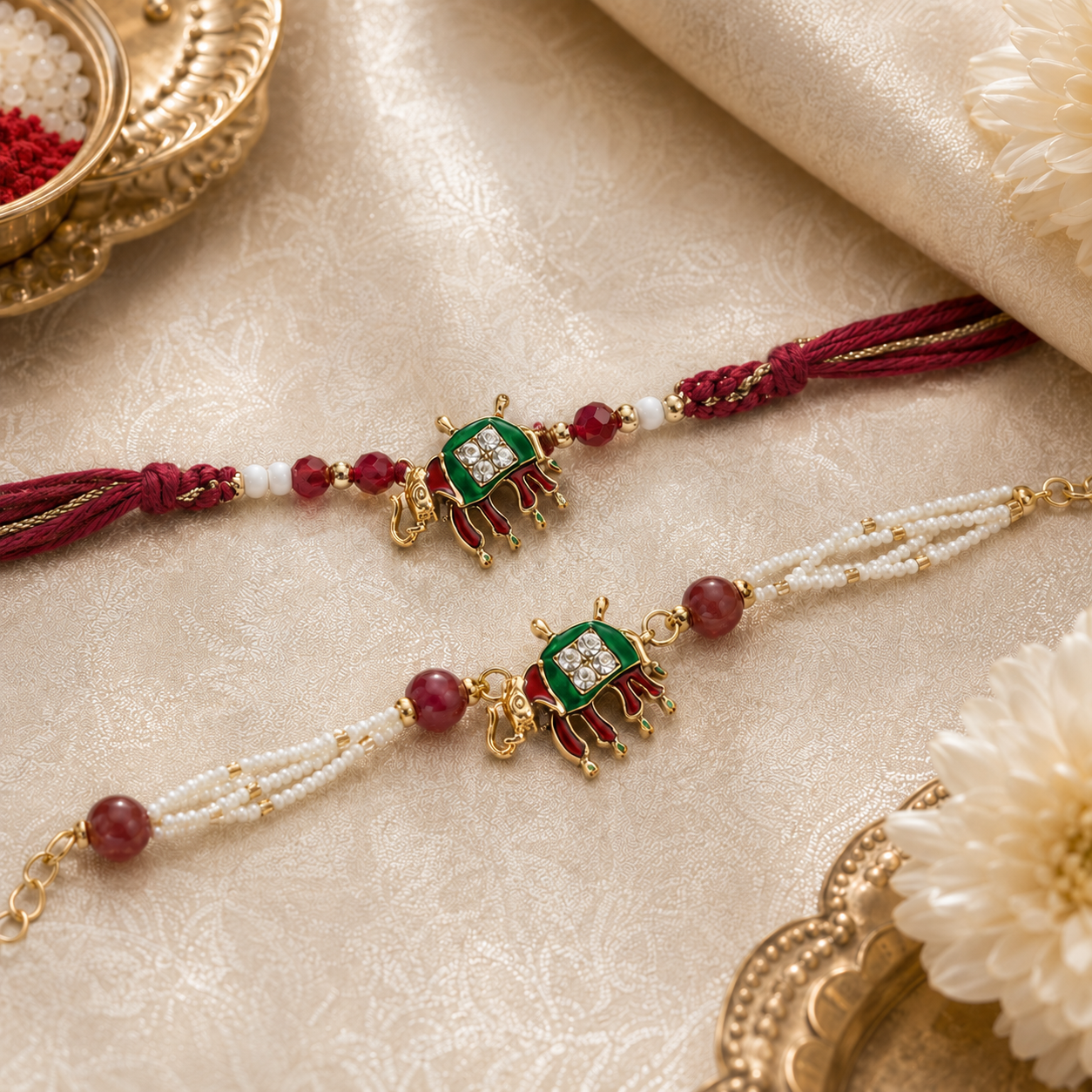 Royal Green Elephant Motif Rakhi & Pearl Bracelet Set for Brother