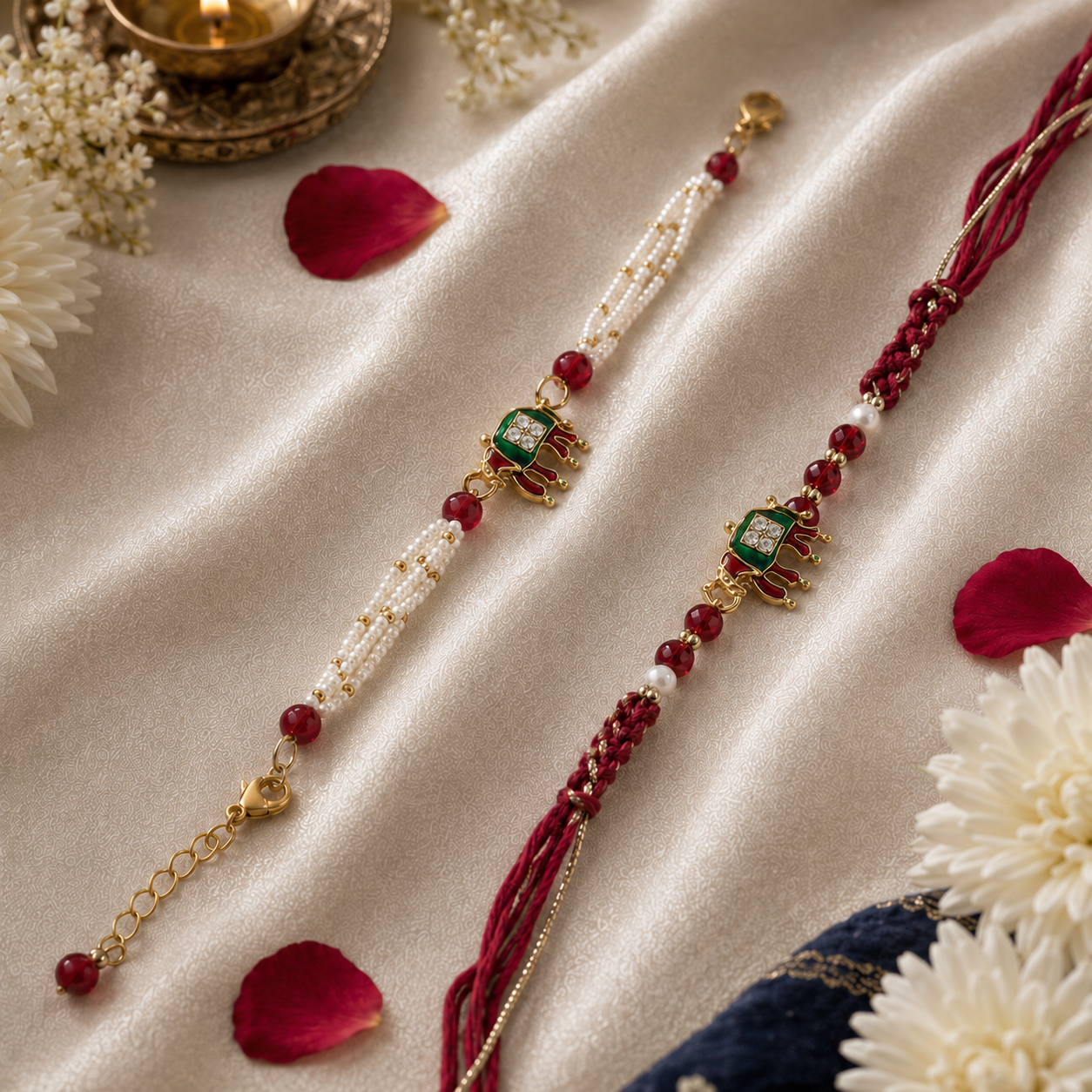 Royal Green Elephant Motif Rakhi & Pearl Bracelet Set for Brother
