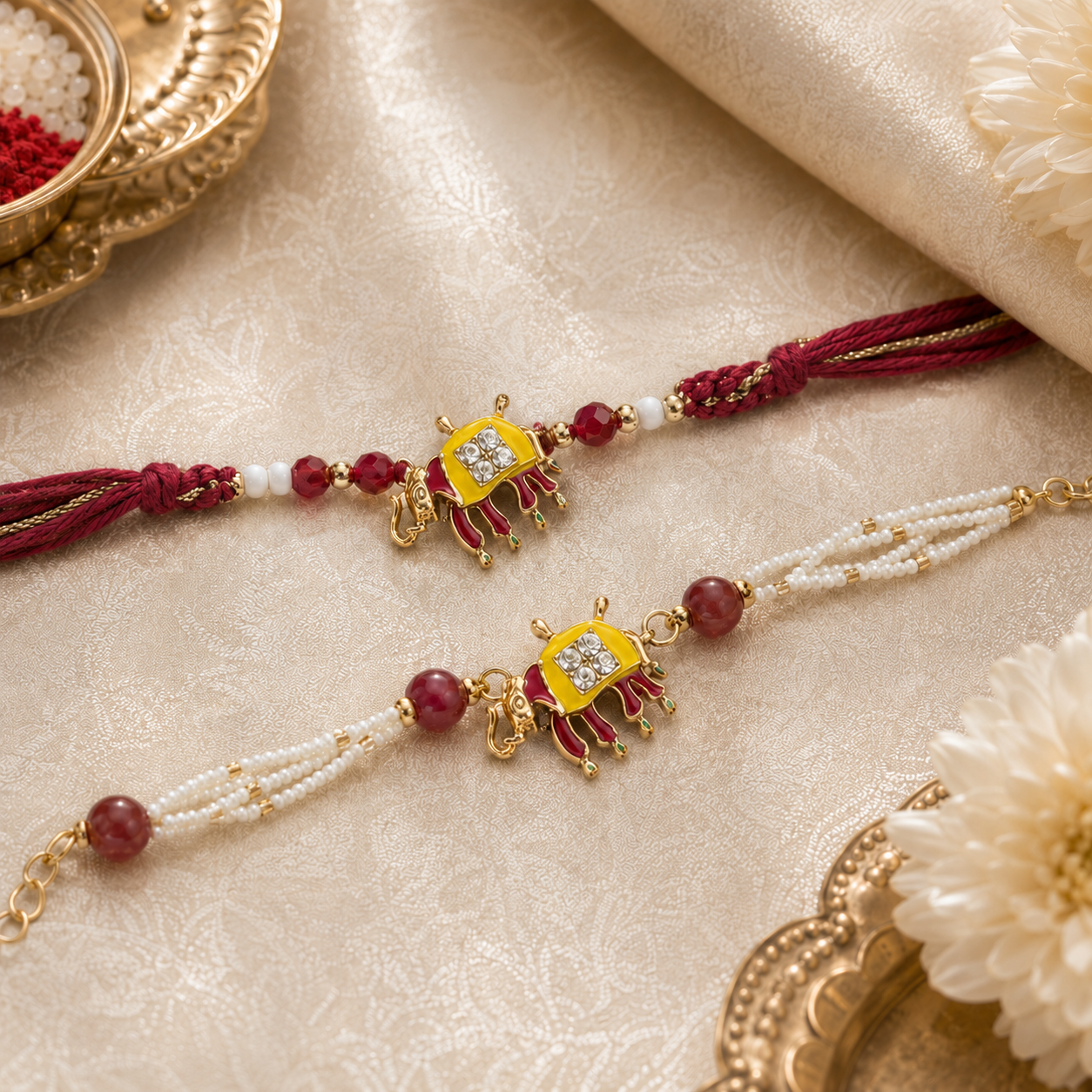 Yellow Elephant Motif Rakhi & Pearl Bracelet Set for Brother