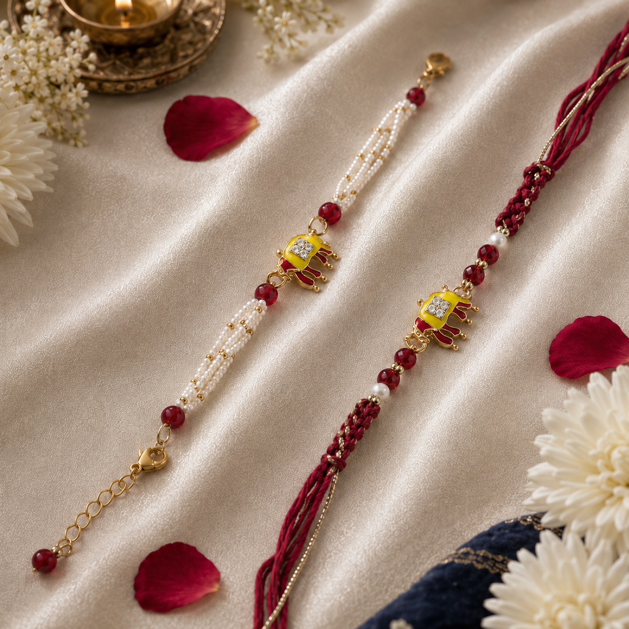Yellow Elephant Motif Rakhi & Pearl Bracelet Set for Brother