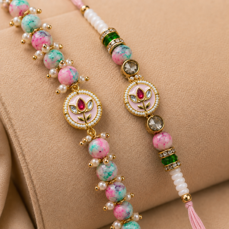 Blush Pink Floral Meenakari Rakhi & Beaded Bracelet Set
