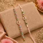 Blush Pink Floral Meenakari Rakhi & Beaded Bracelet Set