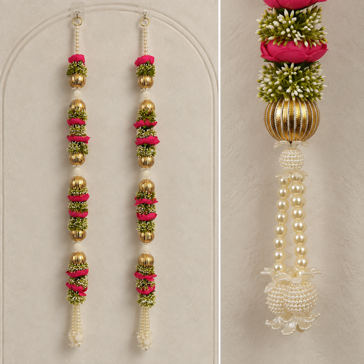 Fuchsia Rose Pearl Floral Hanging - detail view