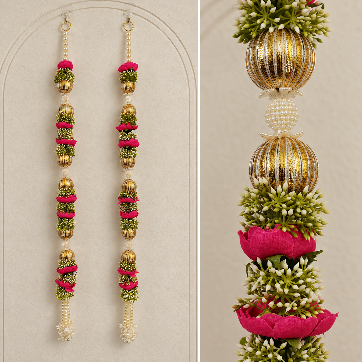 Fuchsia Rose Pearl Floral Hanging - detail view