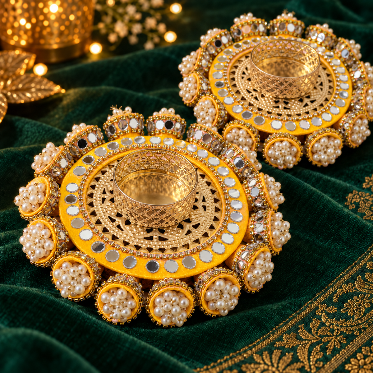 Kesari Pearl Mirror Tealight Holders – Pair - Zoom detail
