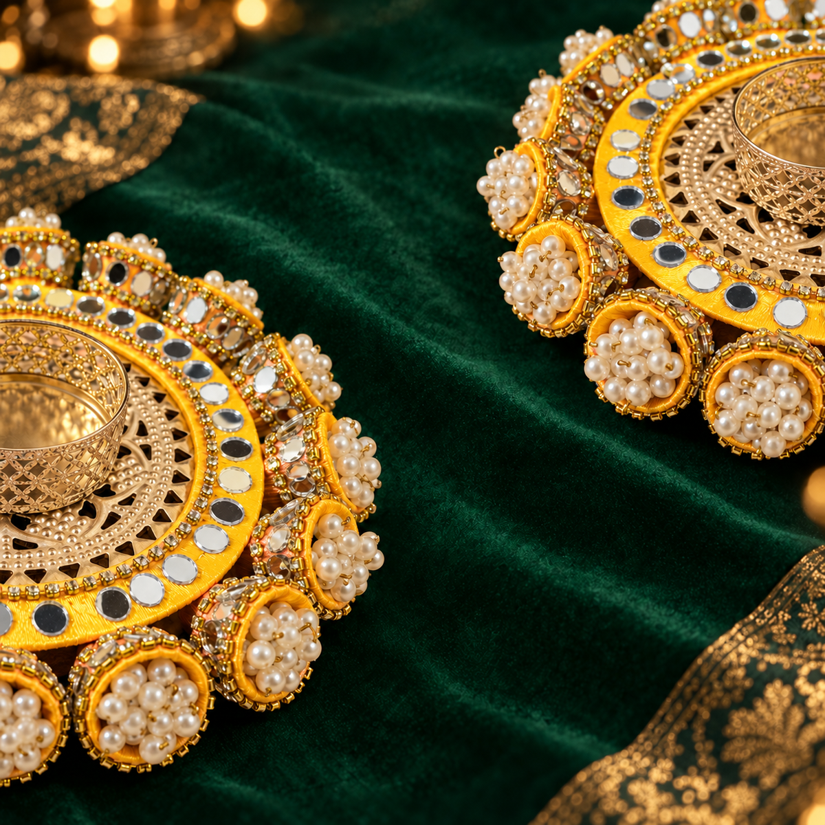 Kesari Pearl Mirror Tealight Holders – Pair - Side-cut detail