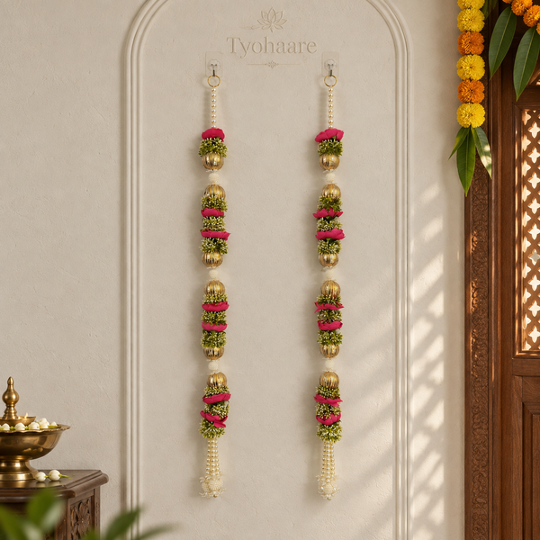 Fuchsia Rose Pearl Floral Hanging - Pair of 2