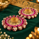 Rani Gulab Pearl Mirror Tealight Holders – Pair - Hero view