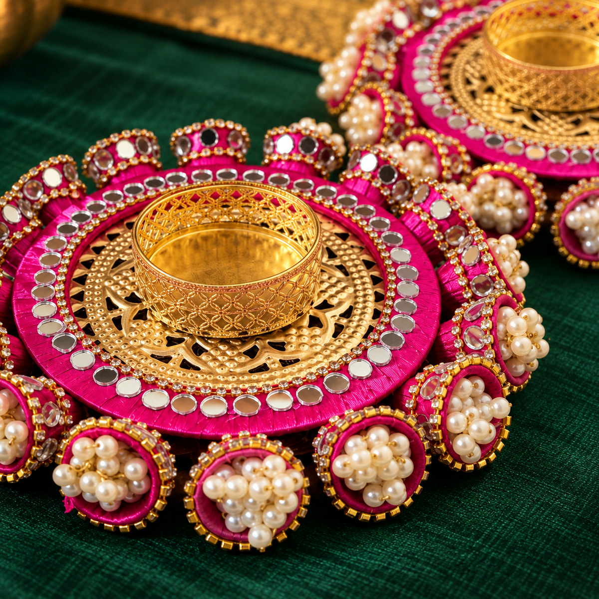 Rani Gulab Pearl Mirror Tealight Holders – Pair - Zoom detail