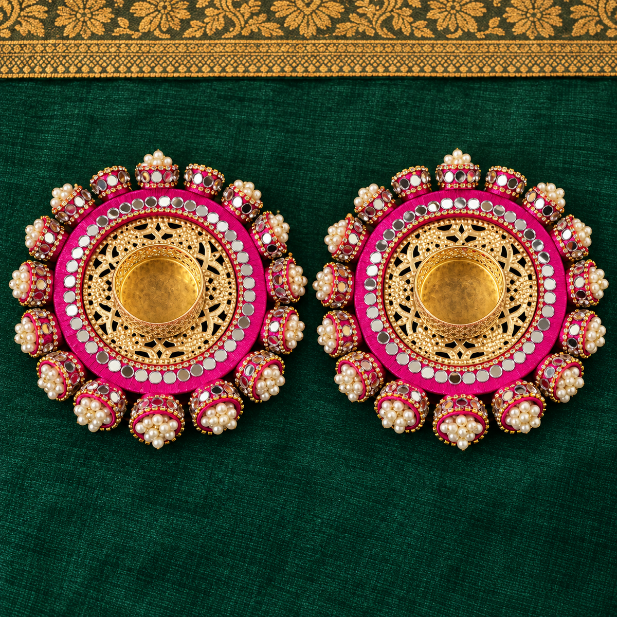 Rani Gulab Pearl Mirror Tealight Holders – Pair - Top view