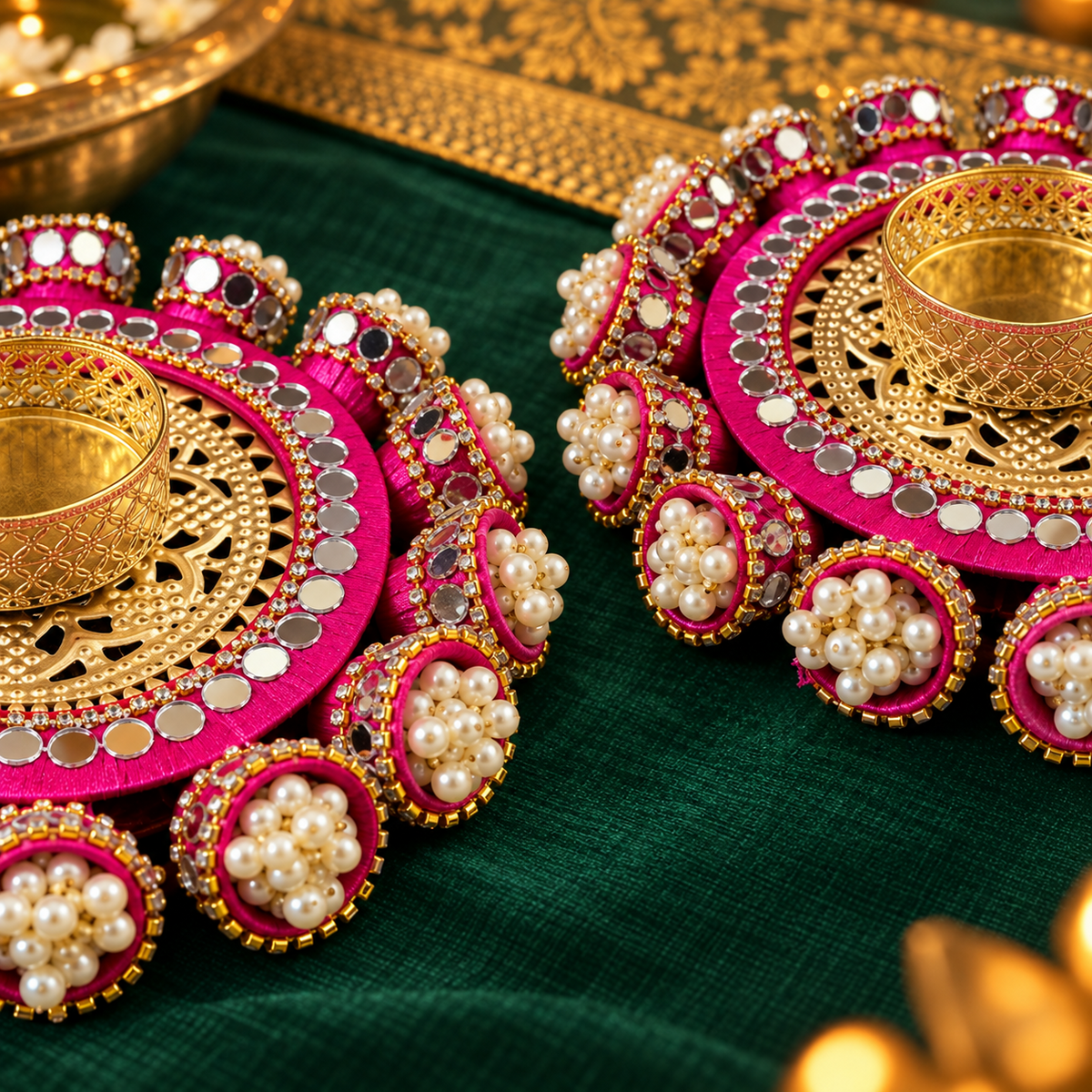 Rani Gulab Pearl Mirror Tealight Holders – Pair - Side-cut detail