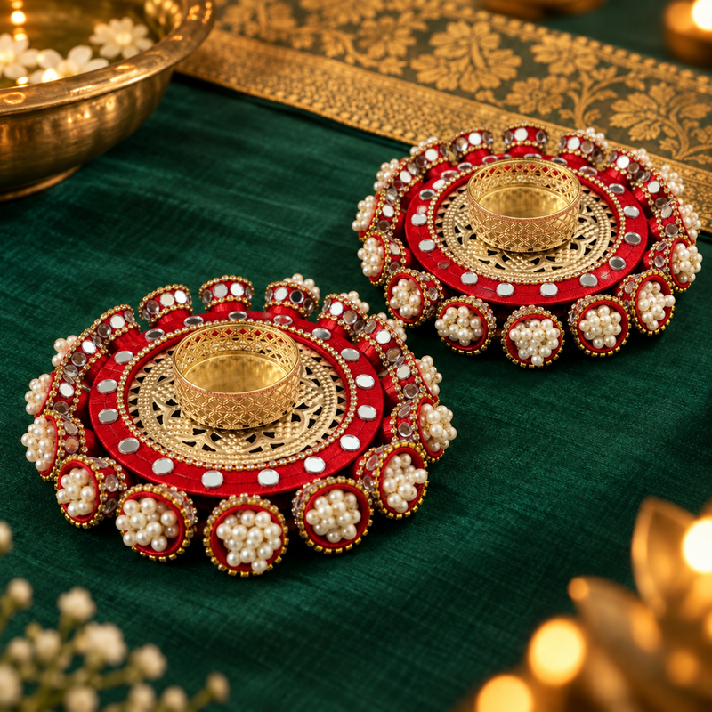 Rakt Gulab Pearl Mirror Tealight Holders – Pair - Hero view