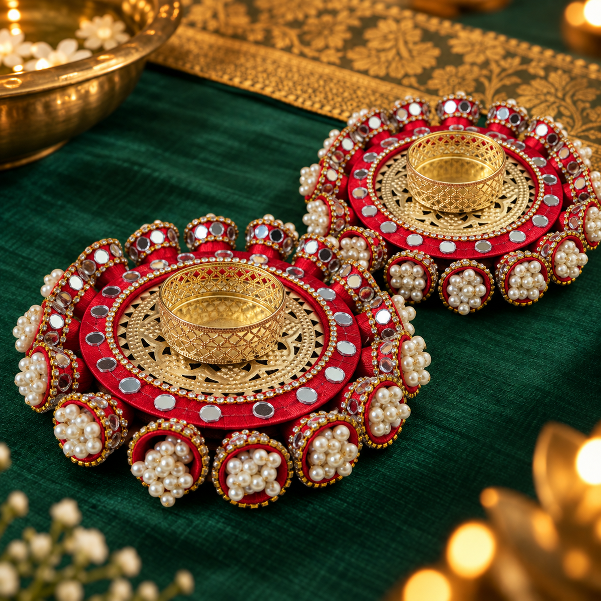 Rakt Gulab Pearl Mirror Tealight Holders – Pair - Zoom detail