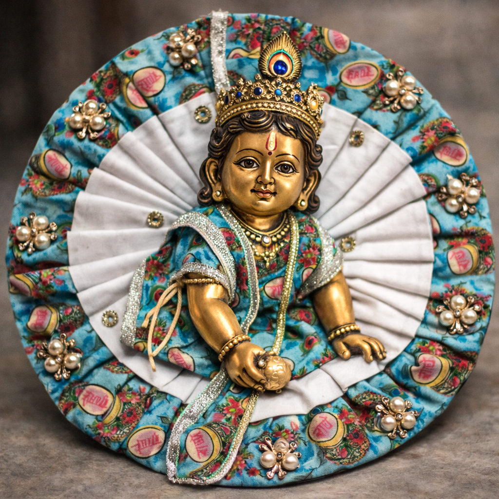 Turquoise Peacock Print Pearl Laddu Gopal Poshak – Size 6