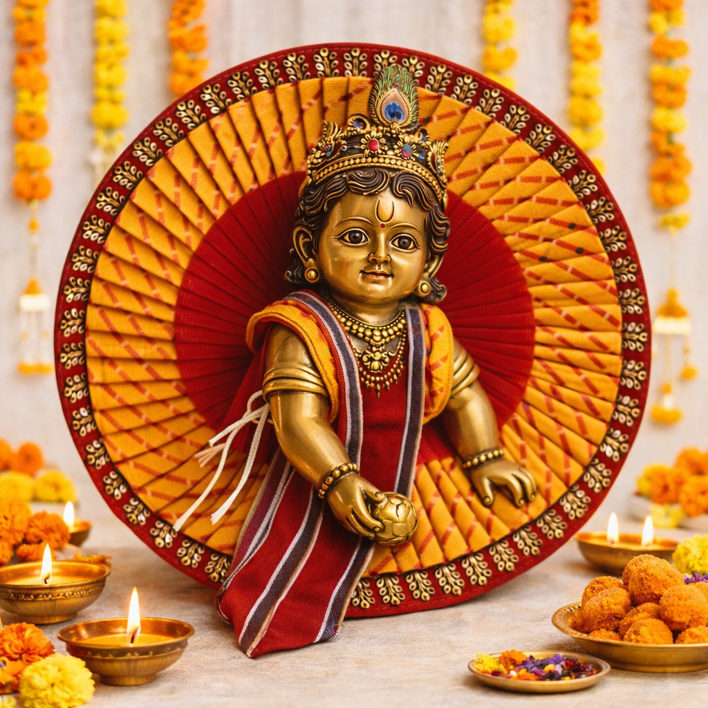 Yellow & Maroon Traditional Pleated Laddu Gopal Poshak – Size 6