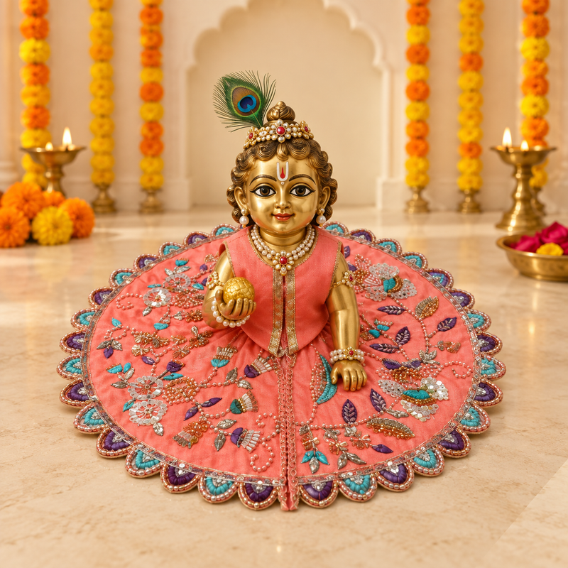 Peach Multicolour Floral Embroidered Laddu Gopal Poshak – Size 6 – Front View
