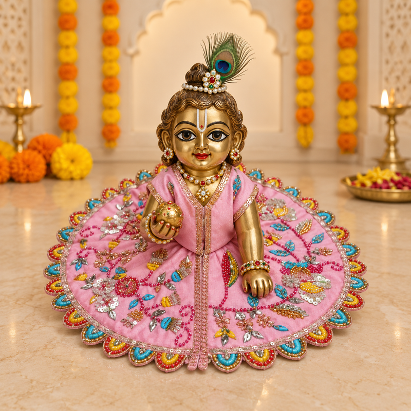 Baby Pink Multicolour Floral Embroidered Laddu Gopal Poshak – Size 6 – Front View