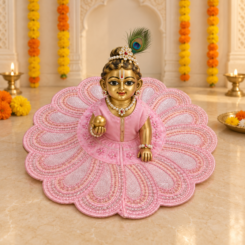 Baby Pink Pearl Petal Lace Laddu Gopal Poshak – Size 6 – Front View
