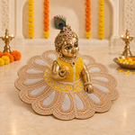 Mustard Bodice Champagne Pearl Petal Lace Laddu Gopal Poshak – Size 6 – Angled View