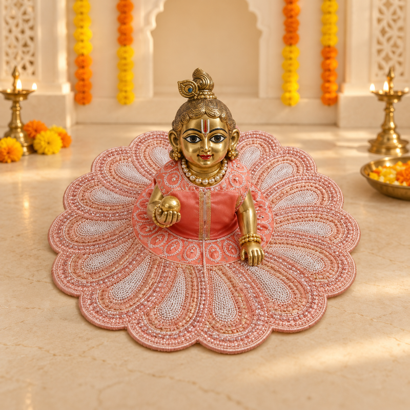 Peach Bodice Blush Pearl Petal Lace Laddu Gopal Poshak – Size 6 – Front View