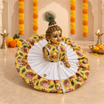 Yellow Peacock Print White Pleated Laddu Gopal Poshak – Size 6 – Angled View