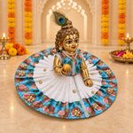 Turquoise Peacock Print White Pleated Laddu Gopal Poshak – Size 6 – Angled View