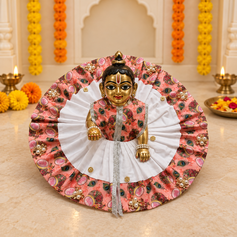 Peach Peacock Print White Pleated Laddu Gopal Poshak – Size 6 – Front View
