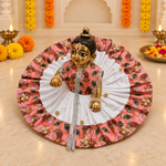 Peach Peacock Print White Pleated Laddu Gopal Poshak – Size 6 – Angled View