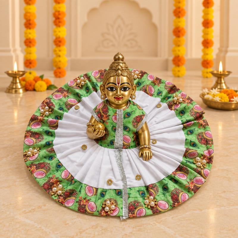 Green Peacock Print White Pleated Laddu Gopal Poshak – Size 6 – Front View