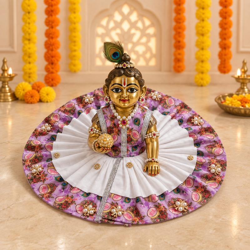 Lavender Peacock Print White Pleated Laddu Gopal Poshak – Size 6 – Front View