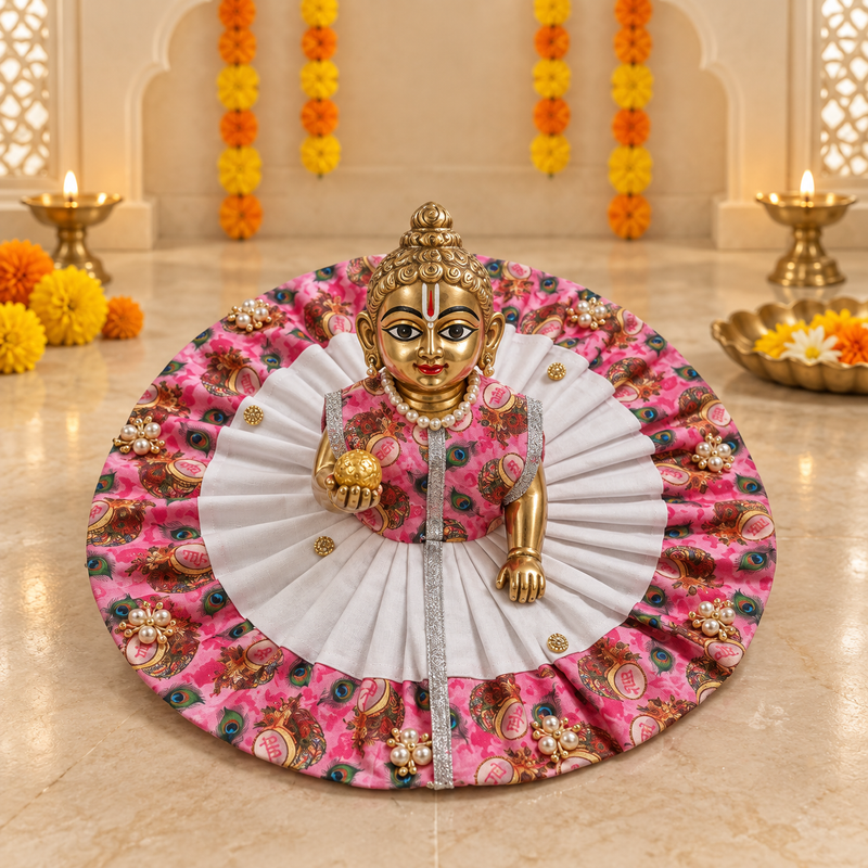 Rani Pink Peacock Print White Pleated Laddu Gopal Poshak – Size 6 – Front View