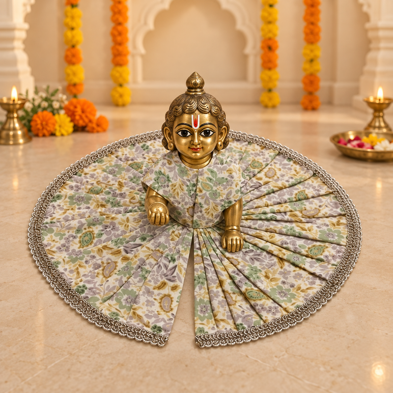 Ivory Mint Floral Brocade Pleated Laddu Gopal Poshak – Size 6 – Front View