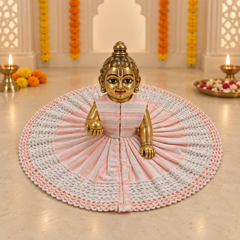 Blush Pink White Crochet Stripe Laddu Gopal Poshak – Size 6 – Front View