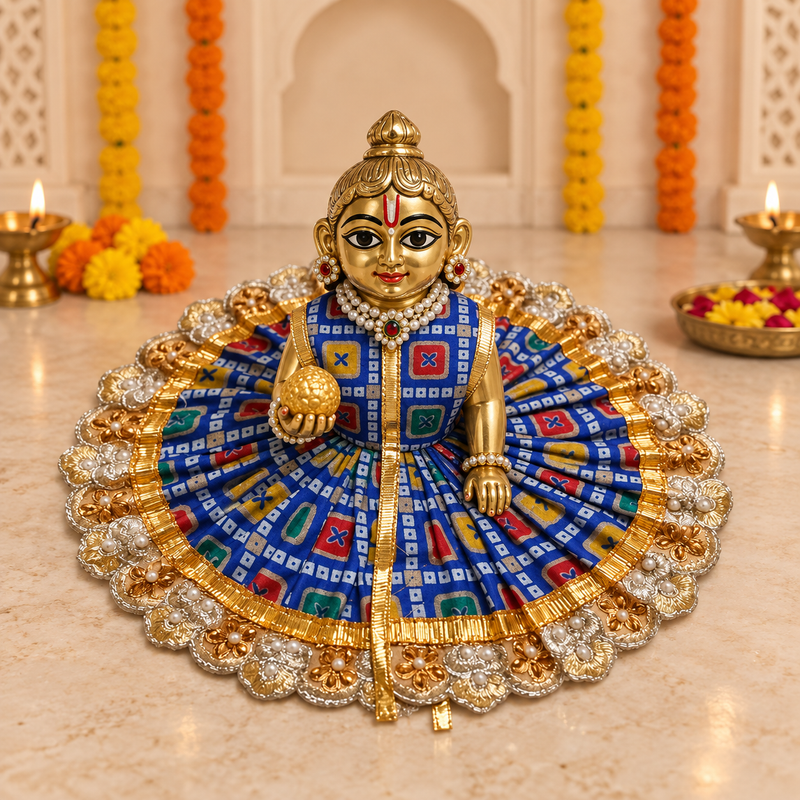 Royal Blue Multicolour Bandhani Mirror Laddu Gopal Poshak – Size 6 – Front View