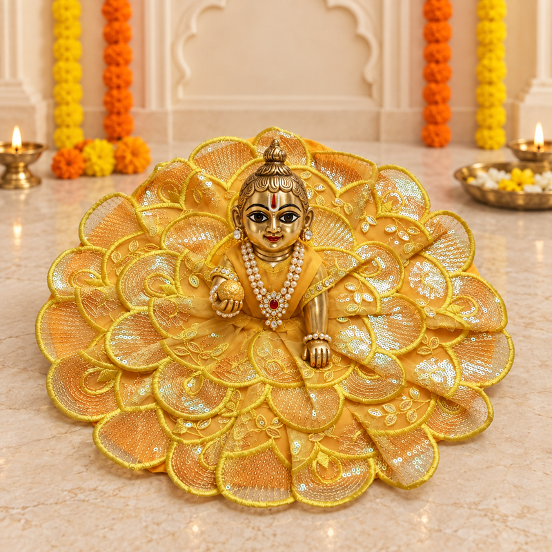 Sunshine Yellow Layered Organza Petal Laddu Gopal Poshak – Size 6 – Front View