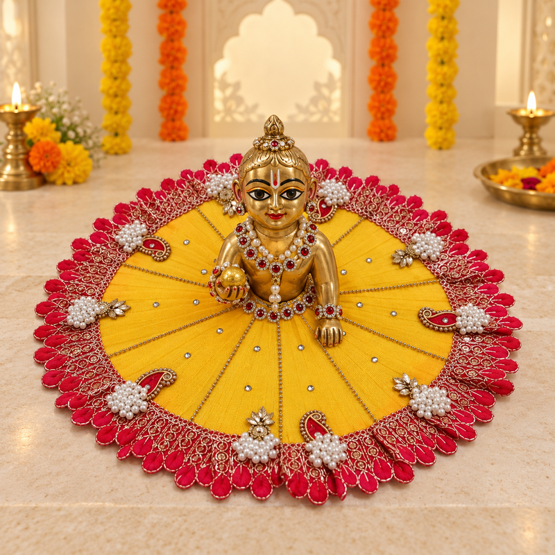 Mustard Red Floral Loop Border Laddu Gopal Poshak – Size 6 – Front View