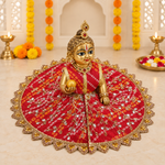 Crimson Red Bandhani Floral Zari Laddu Gopal Poshak – Size 6 – Angled View