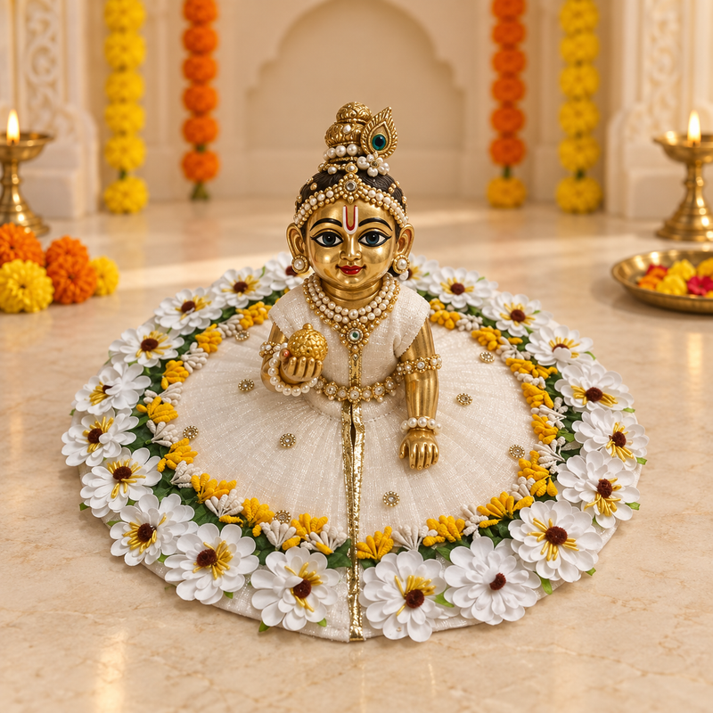 Ivory Daisy Floral Garland Laddu Gopal Poshak – Size 6 – Front View