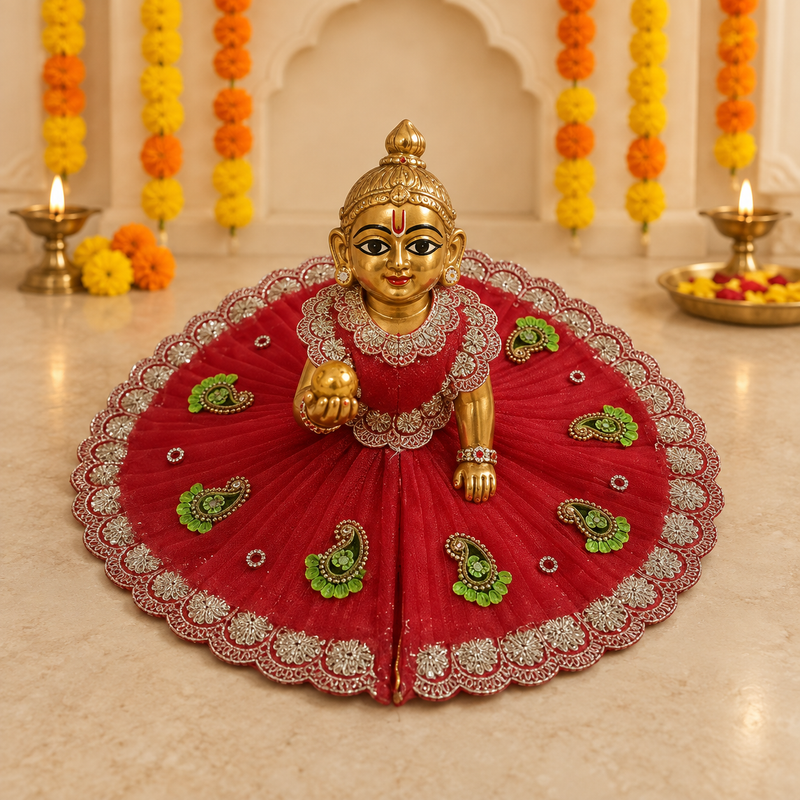 Red Gold Paisley Scalloped Lace Laddu Gopal Poshak – Size 6 – Front View